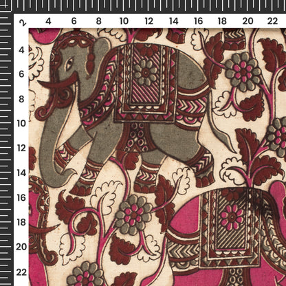 Dark Pink And Fossil Grey Animal Kalamkari Cotton Fabric