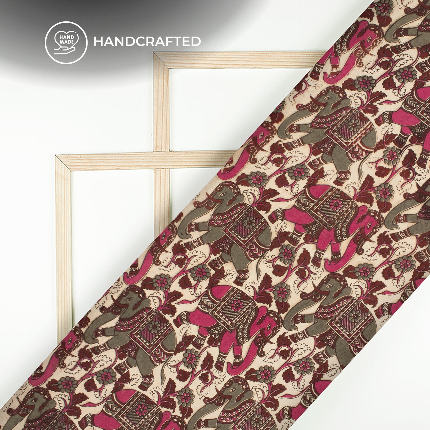 Dark Pink And Fossil Grey Animal Kalamkari Cotton Fabric