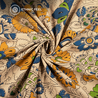 Amber Yellow And Admiral Blue Peacock Kalamkari Cotton Fabric