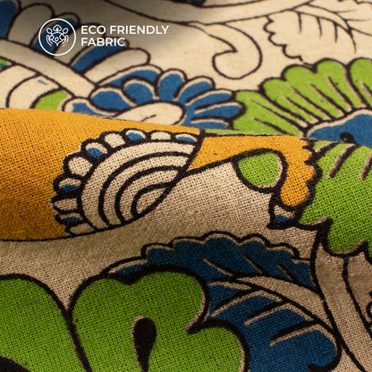 Amber Yellow And Admiral Blue Peacock Kalamkari Cotton Fabric