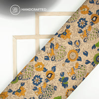 Amber Yellow And Admiral Blue Peacock Kalamkari Cotton Fabric