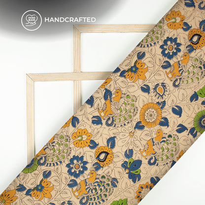 Amber Yellow And Admiral Blue Peacock Kalamkari Cotton Fabric