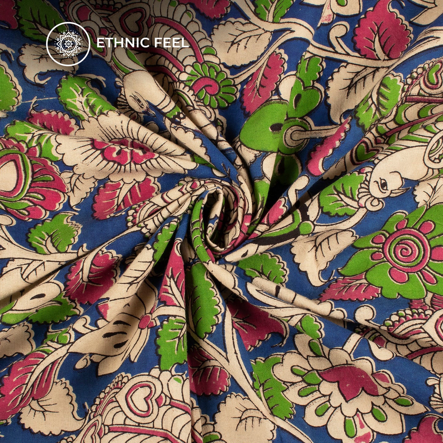 Forest Green And Admiral Blue Peacock Kalamkari Cotton Fabric