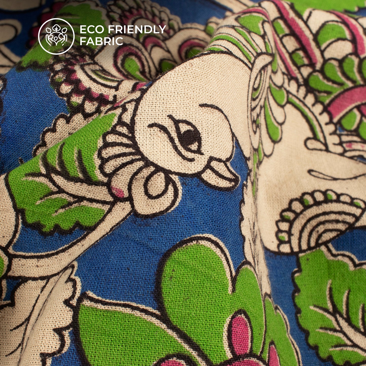 Forest Green And Admiral Blue Peacock Kalamkari Cotton Fabric