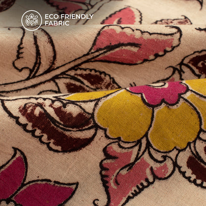 Lemon Yellow And Mocha Brown Floral Kalamkari Cotton Fabric