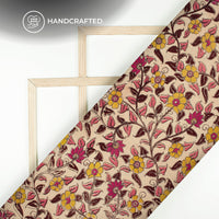 Lemon Yellow And Mocha Brown Floral Kalamkari Cotton Fabric
