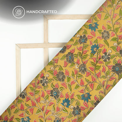 Dark Pink And Green Floral Kalamkari Cotton Fabric