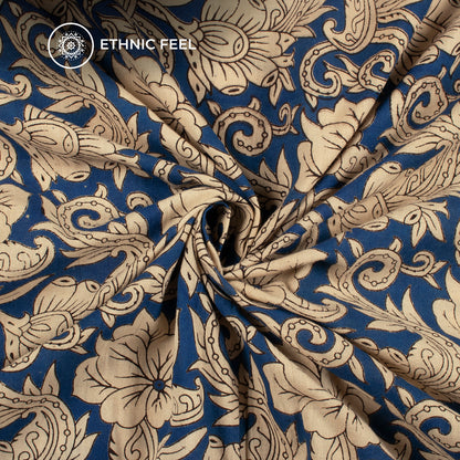 Berry Blue And Beige Floral Kalamkari Cotton Fabric