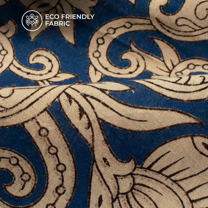 Berry Blue And Beige Floral Kalamkari Cotton Fabric