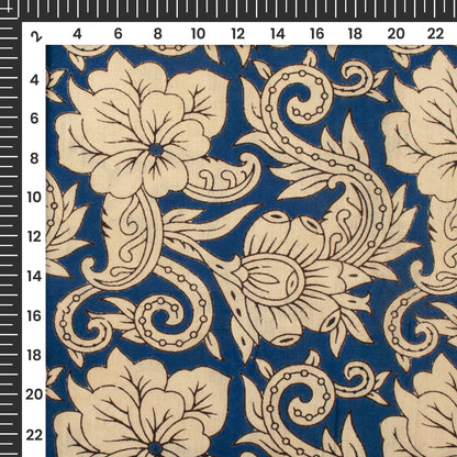 Berry Blue And Beige Floral Kalamkari Cotton Fabric