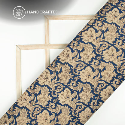Berry Blue And Beige Floral Kalamkari Cotton Fabric