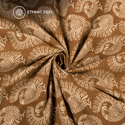 Russet Brown And Beige Peacock Kalamkari Cotton Fabric