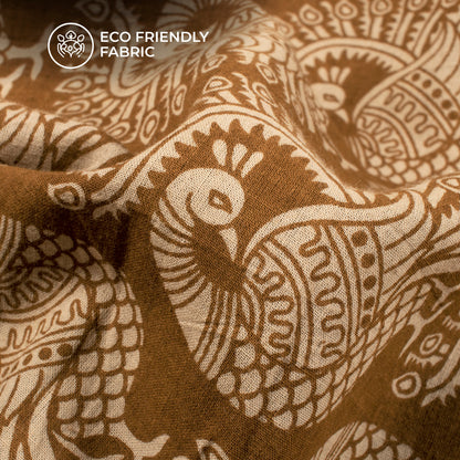 Russet Brown And Beige Peacock Kalamkari Cotton Fabric