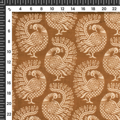 Russet Brown And Beige Peacock Kalamkari Cotton Fabric