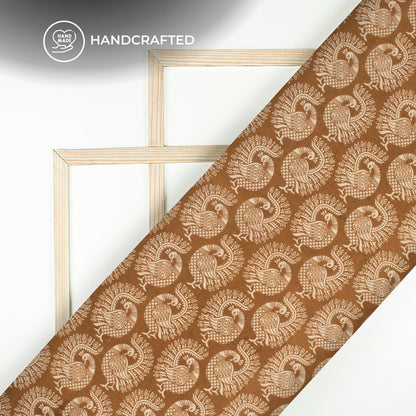 Russet Brown And Beige Peacock Kalamkari Cotton Fabric