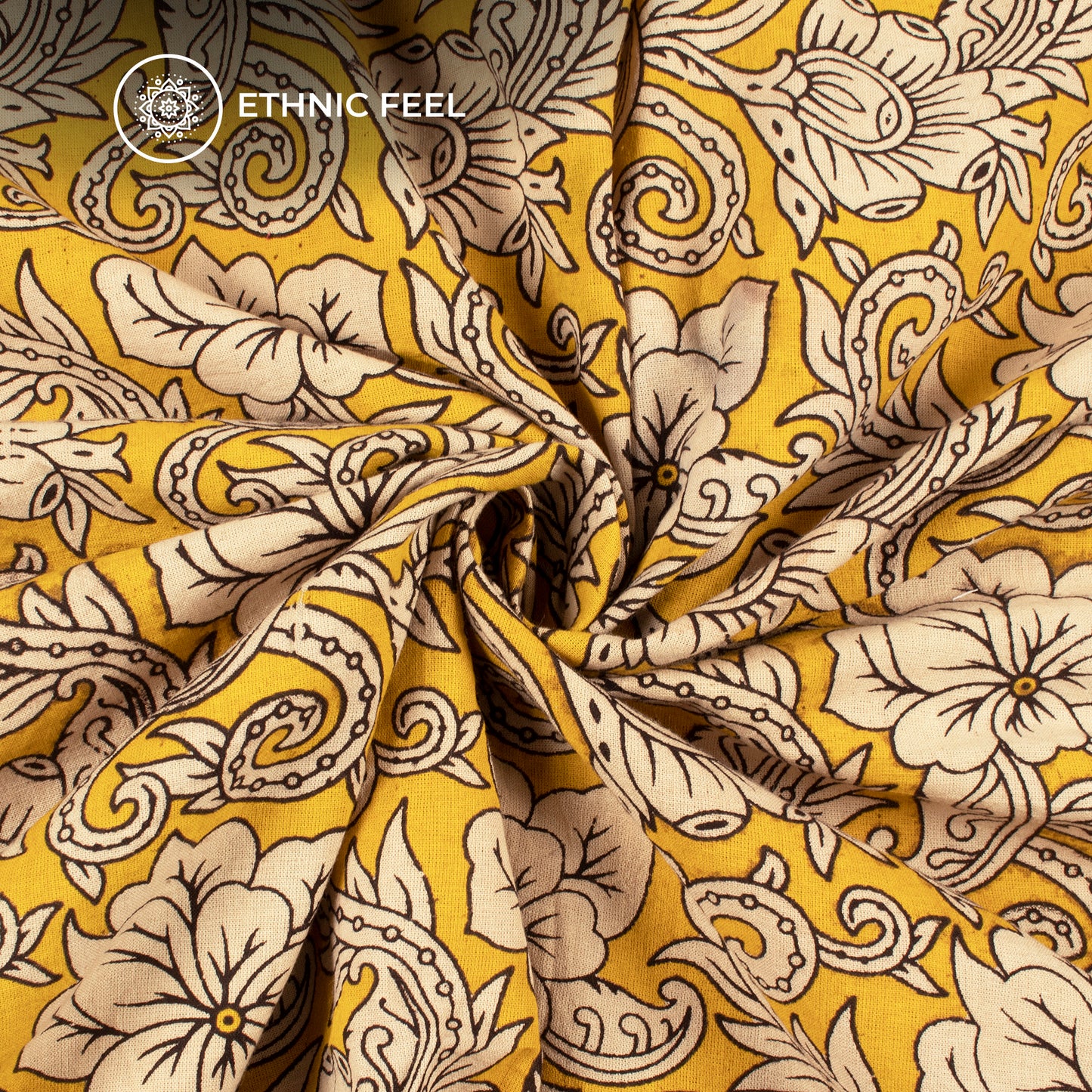 Yellow And Beige Floral Kalamkari Cotton Fabric