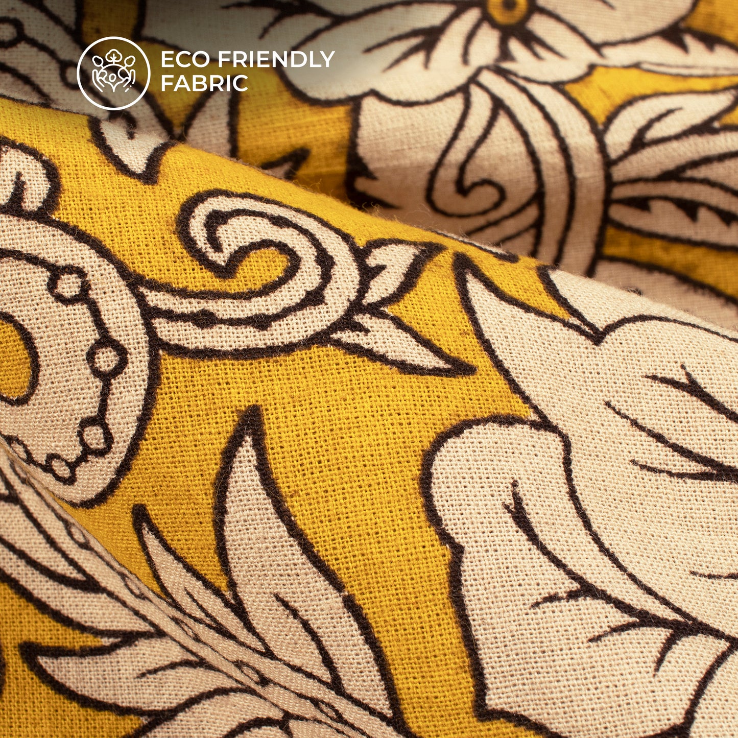 Yellow And Beige Floral Kalamkari Cotton Fabric