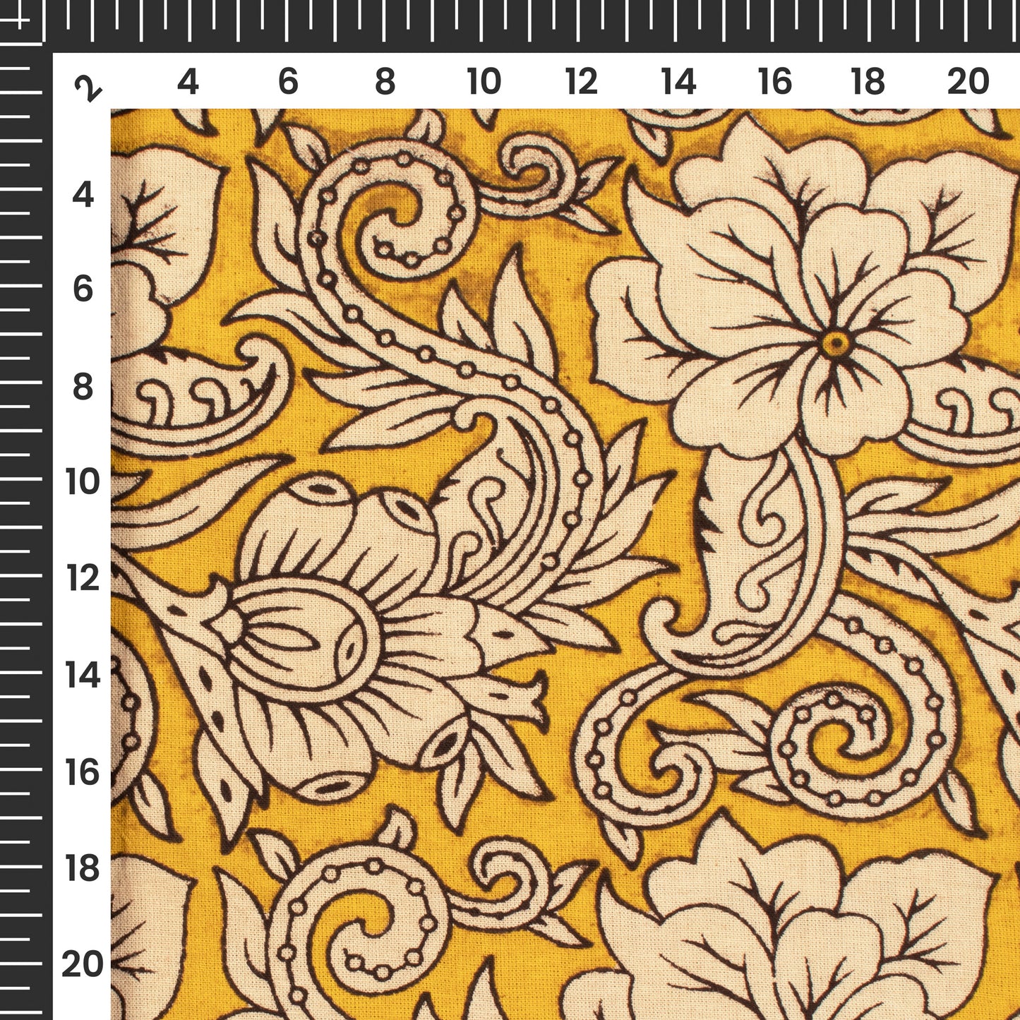 Yellow And Beige Floral Kalamkari Cotton Fabric