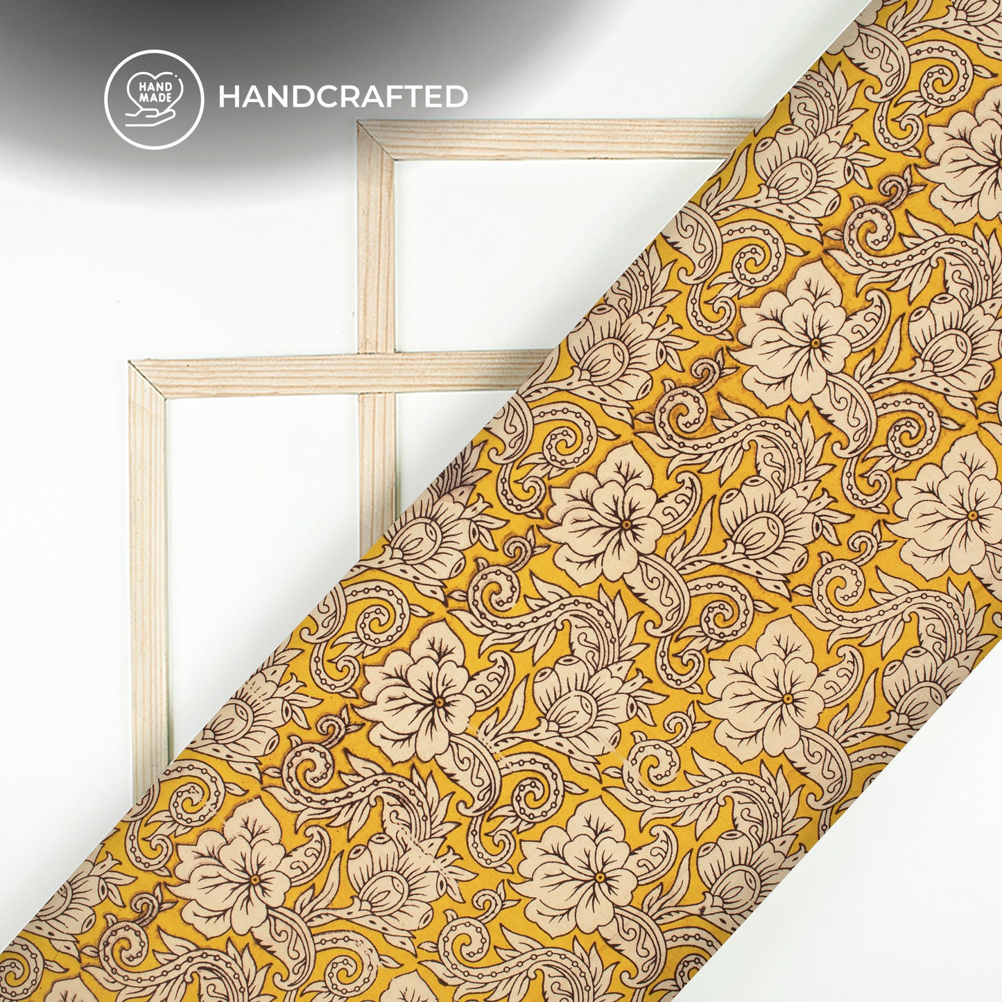 Yellow And Beige Floral Kalamkari Cotton Fabric