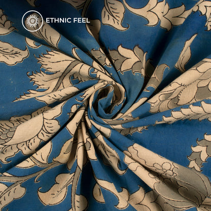 Blue And Beige Floral Kalamkari Cotton Fabric