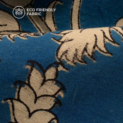Blue And Beige Floral Kalamkari Cotton Fabric