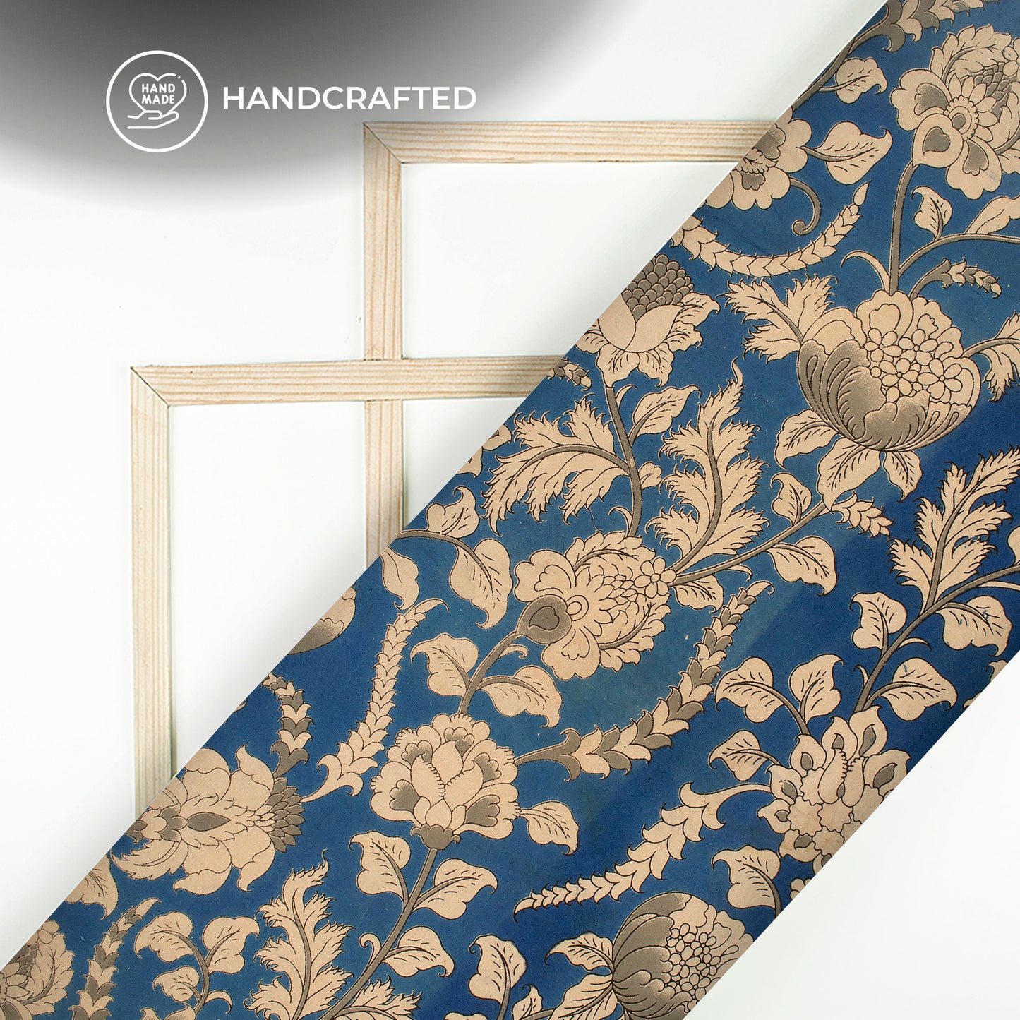 Blue And Beige Floral Kalamkari Cotton Fabric