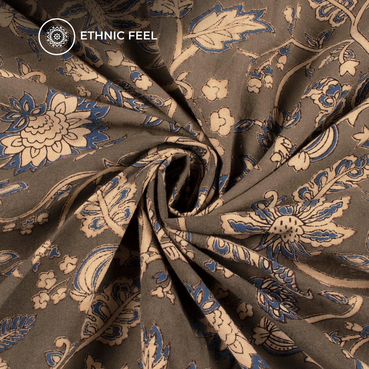 Grey And Blue Floral Kalamkari Cotton Fabric