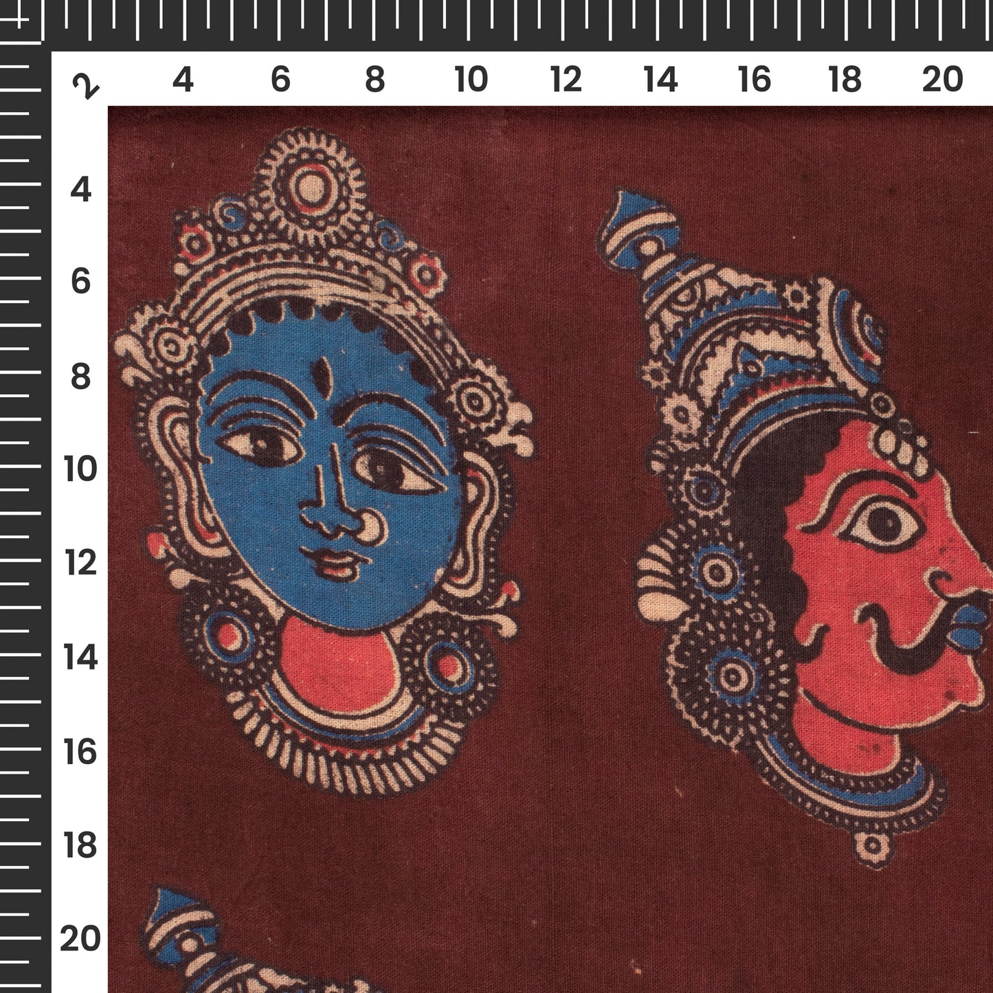 Dark Maroon And Blue Quirky Kalamkari Cotton Fabric