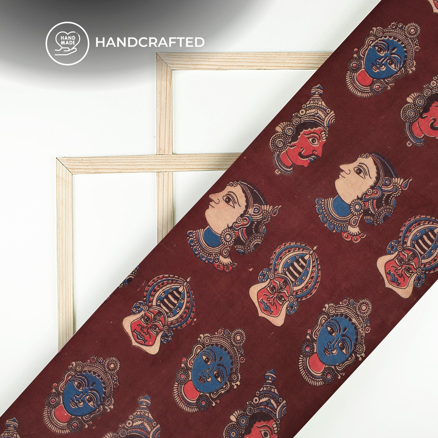 Dark Maroon And Blue Quirky Kalamkari Cotton Fabric