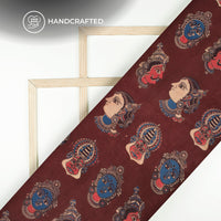 Dark Maroon And Blue Quirky Kalamkari Cotton Fabric