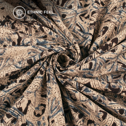 Gray And Blue Floral Pattern Kalamkari Cotton Fabric