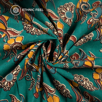 Dark Cyan Floral Pattern Kalamkari Cotton Fabric