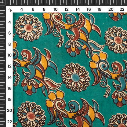 Dark Cyan Floral Pattern Kalamkari Cotton Fabric