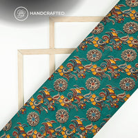 Dark Cyan Floral Pattern Kalamkari Cotton Fabric