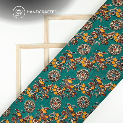 Dark Cyan Floral Pattern Kalamkari Cotton Fabric