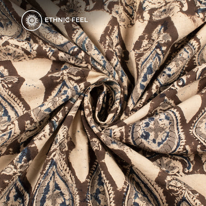 Gray And Ivory White Pattern Kalamkari Cotton Fabric