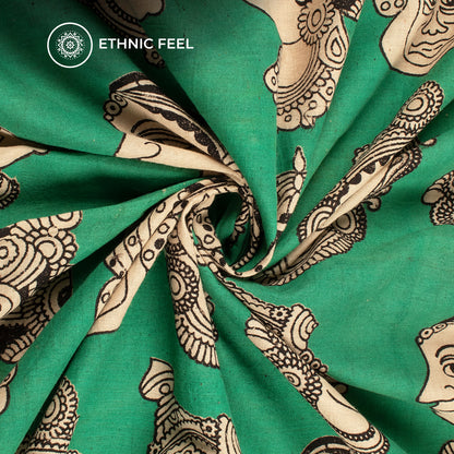 Green Quirky Pattern Kalamkari Cotton Fabric