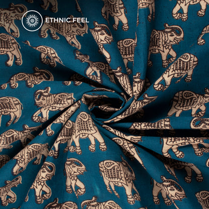 Teal Blue Quirky Pattern Kalamkari Cotton Fabric