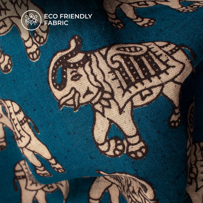 Teal Blue Quirky Pattern Kalamkari Cotton Fabric