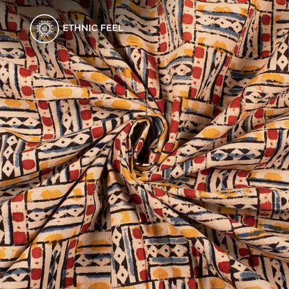 Maroon And Yellow Traditional Pattern Kalamkari Cotton Fabric