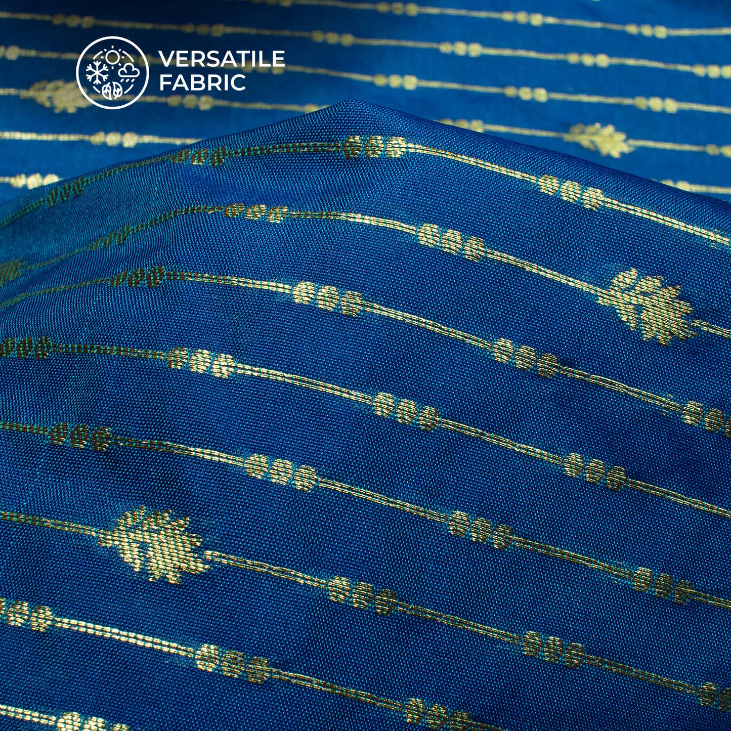 Royal Blue And Golden Stripes Pattern Pure Katan Banarasi Silk Fabric