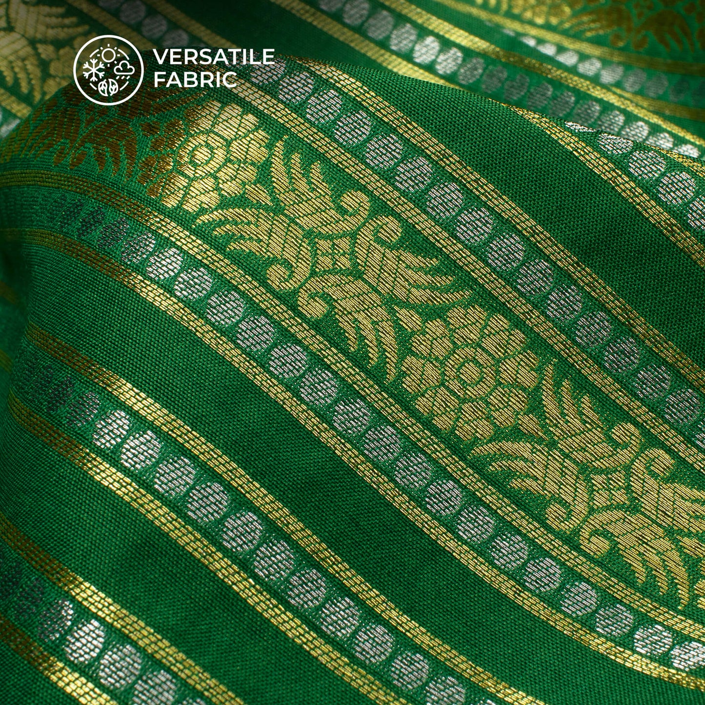 Forest Green And Golden Stripes Pattern Pure Katan Banarasi Silk Fabric