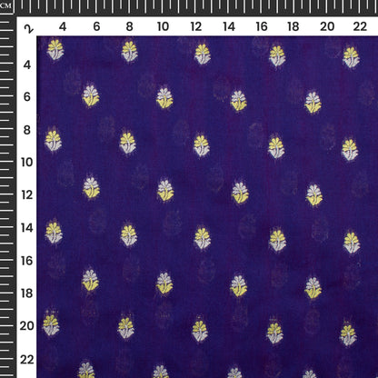 Berry Blue And Golden Floral Pattern Pure Katan Banarasi Silk Fabric