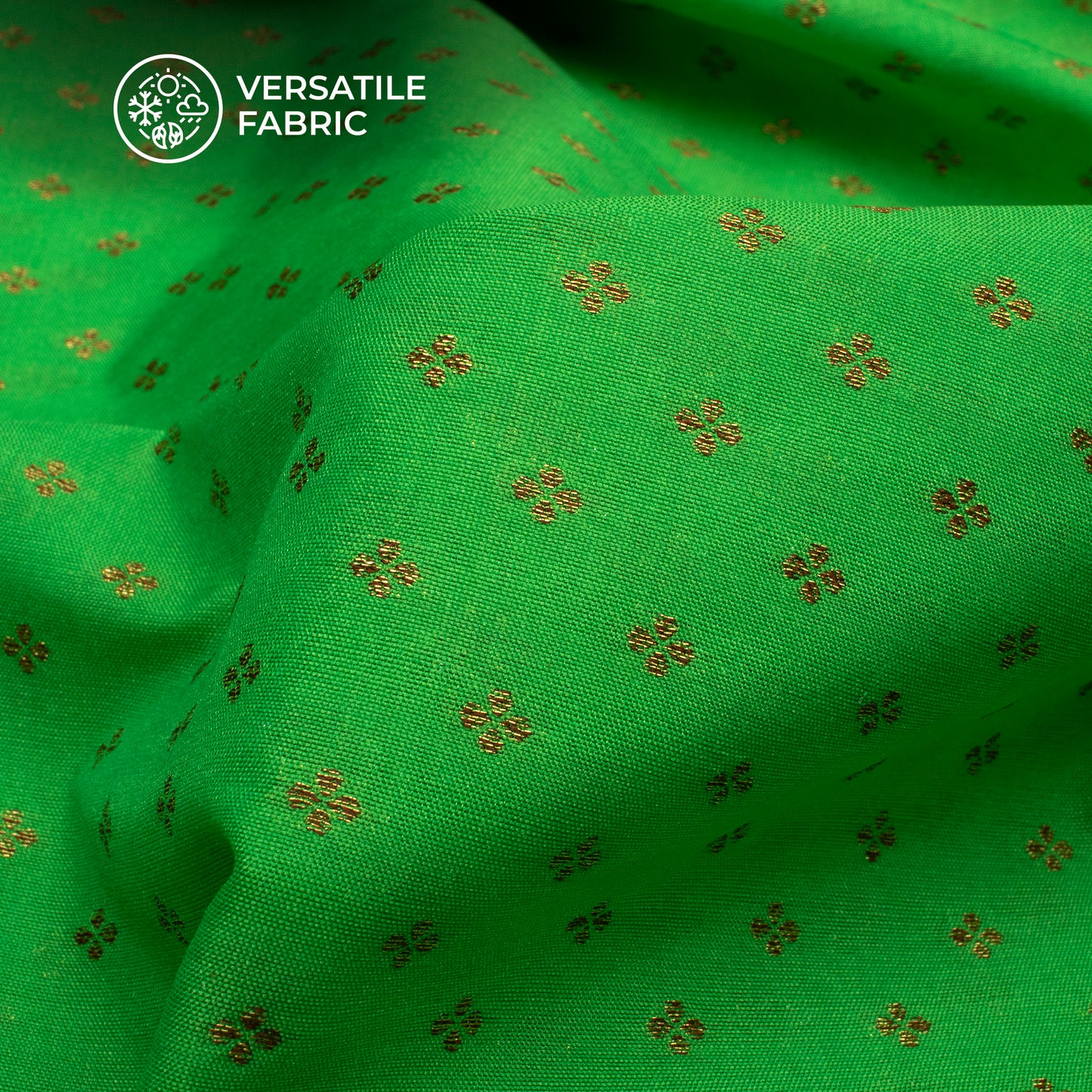 Kelly Green And Golden Booti Pattern Pure Katan Banarasi Silk Fabric