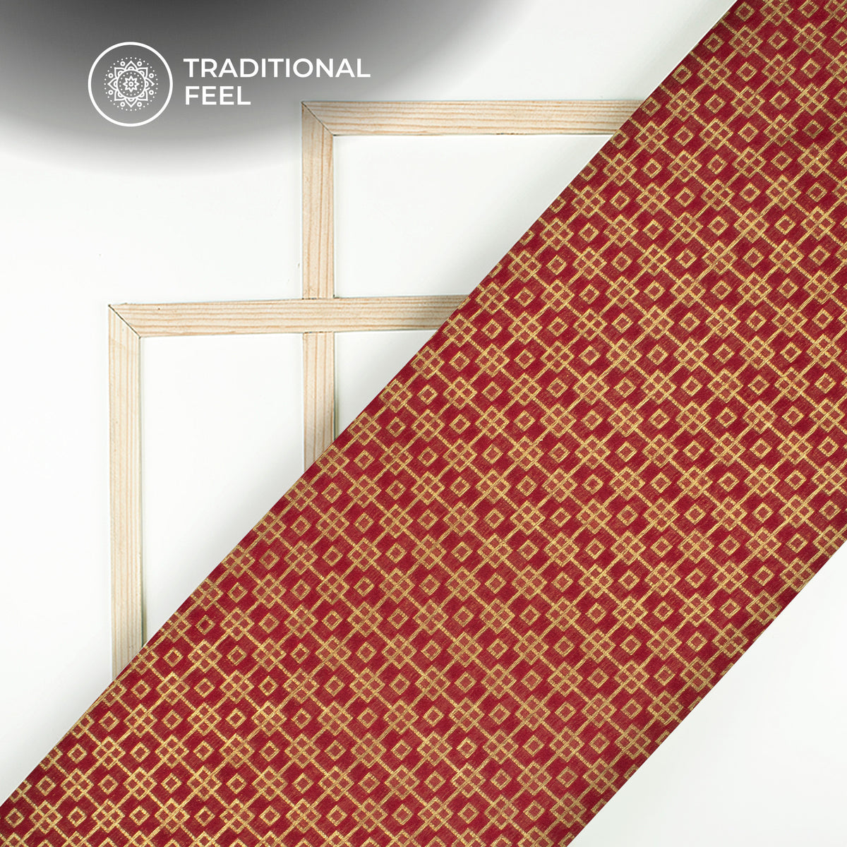 Carmine Red And Golden Geometric Pattern Pure Katan Banarasi Silk Fabric