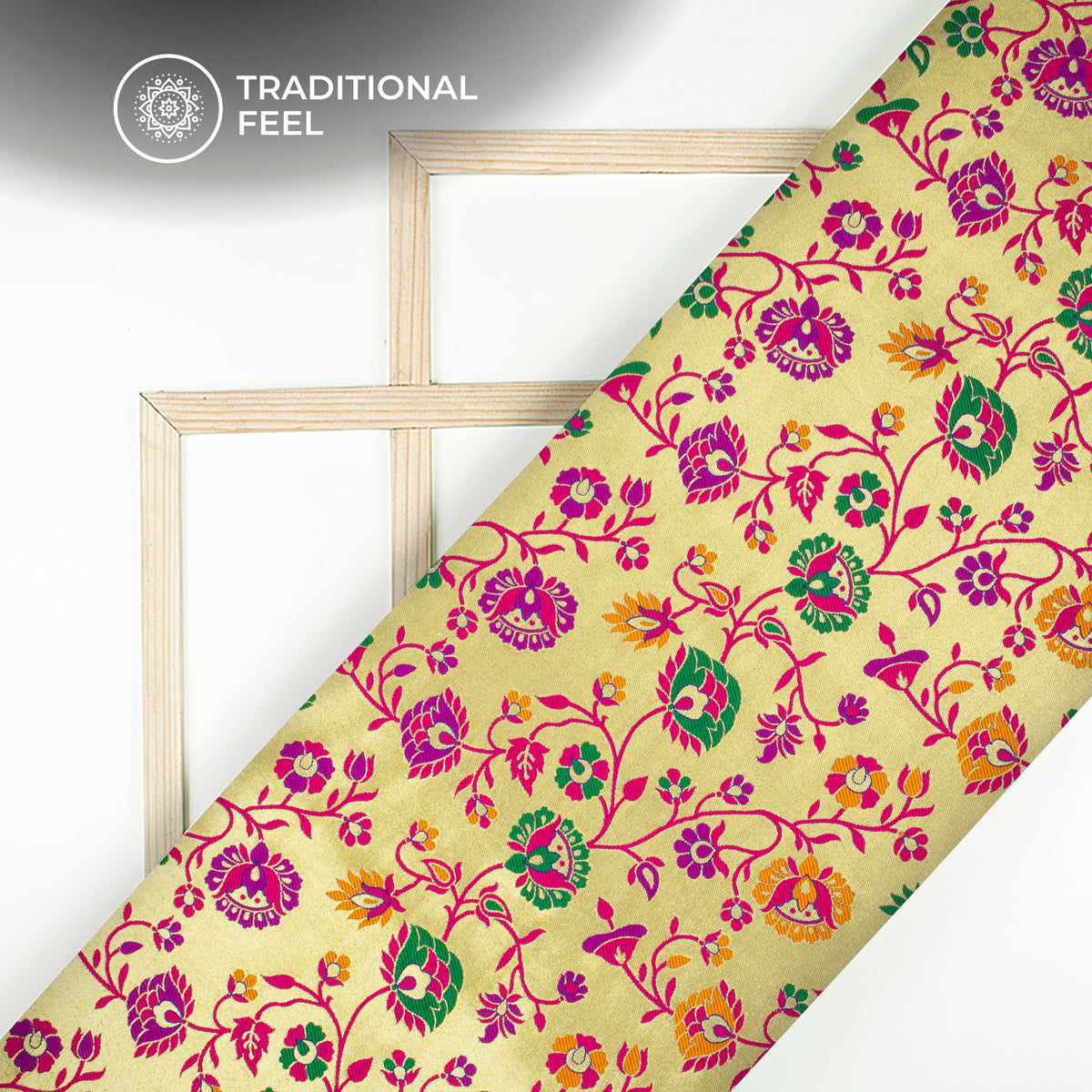 Magenta Pink And Golden Floral Pattern Pure Katan Tissue Banarasi Silk Fabric