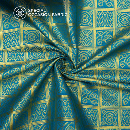 Sky Blue And Golden Bandhani Pattern Pure Katan Banarasi Silk Fabric