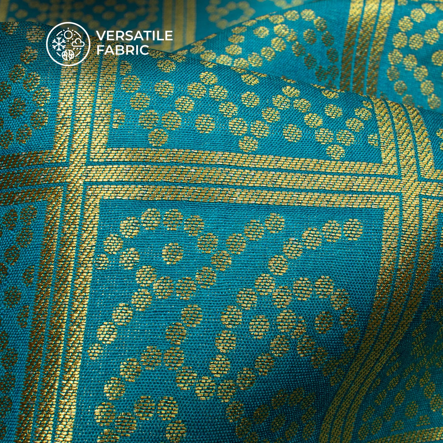 Sky Blue And Golden Bandhani Pattern Pure Katan Banarasi Silk Fabric