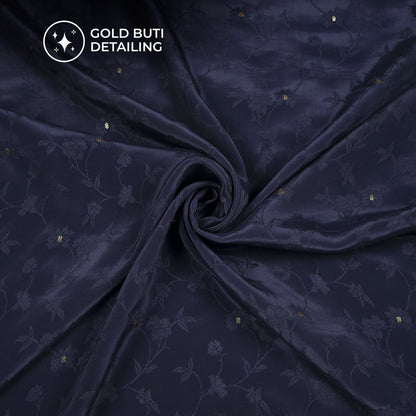 Plain Navy Blue Golden Booti Floral Jacquard Work Bemberg Silk Fabric