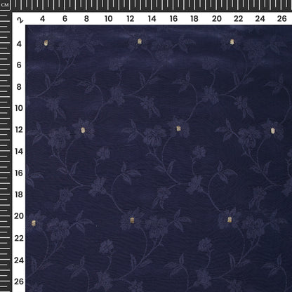 Plain Navy Blue Golden Booti Floral Jacquard Work Bemberg Silk Fabric